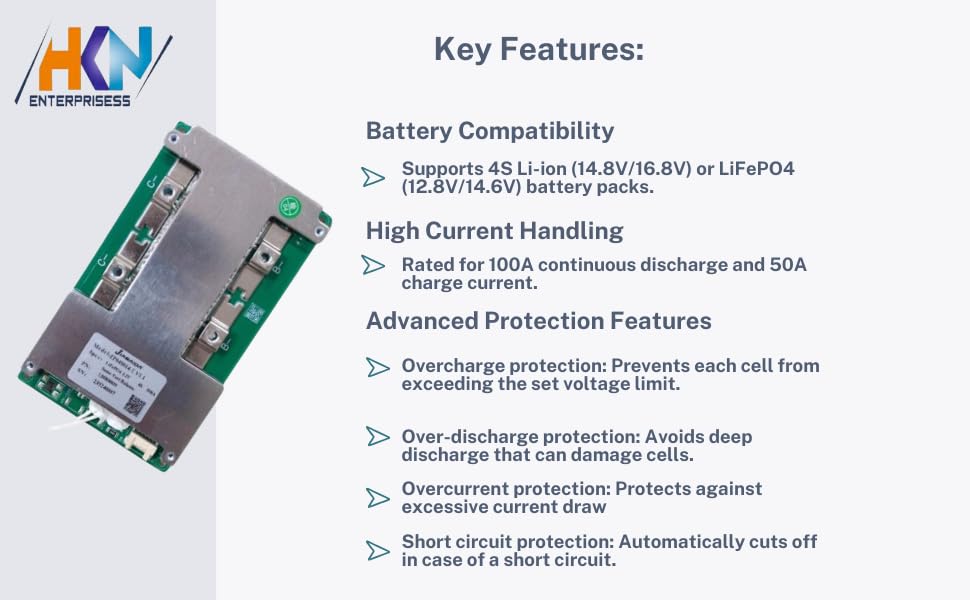 HKN 4S 100A Smart BMS for LiFePO4 Battery Packs, NTC Supported, Overcharge & Short Circuit Protection for Solar, E-Bike, Inverter & DIY Power Systems