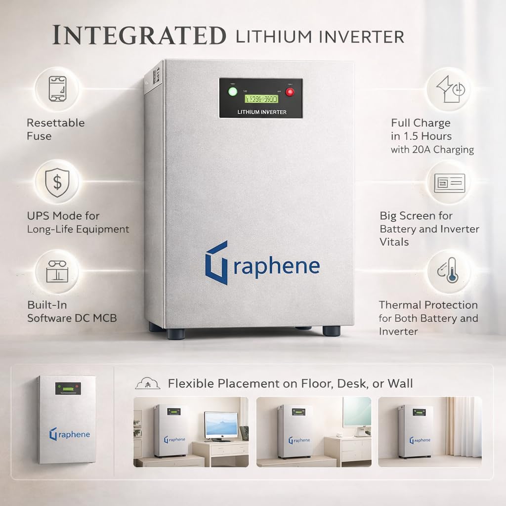 Graphene Lithium 1000VA Inverter with Upto 15 Years Life | Inbuilt 400Wh Battery | Pure Sine Wave | UPS for Short Power Cuts | Integrated Home Power Backup Solution | 5-Year Warranty