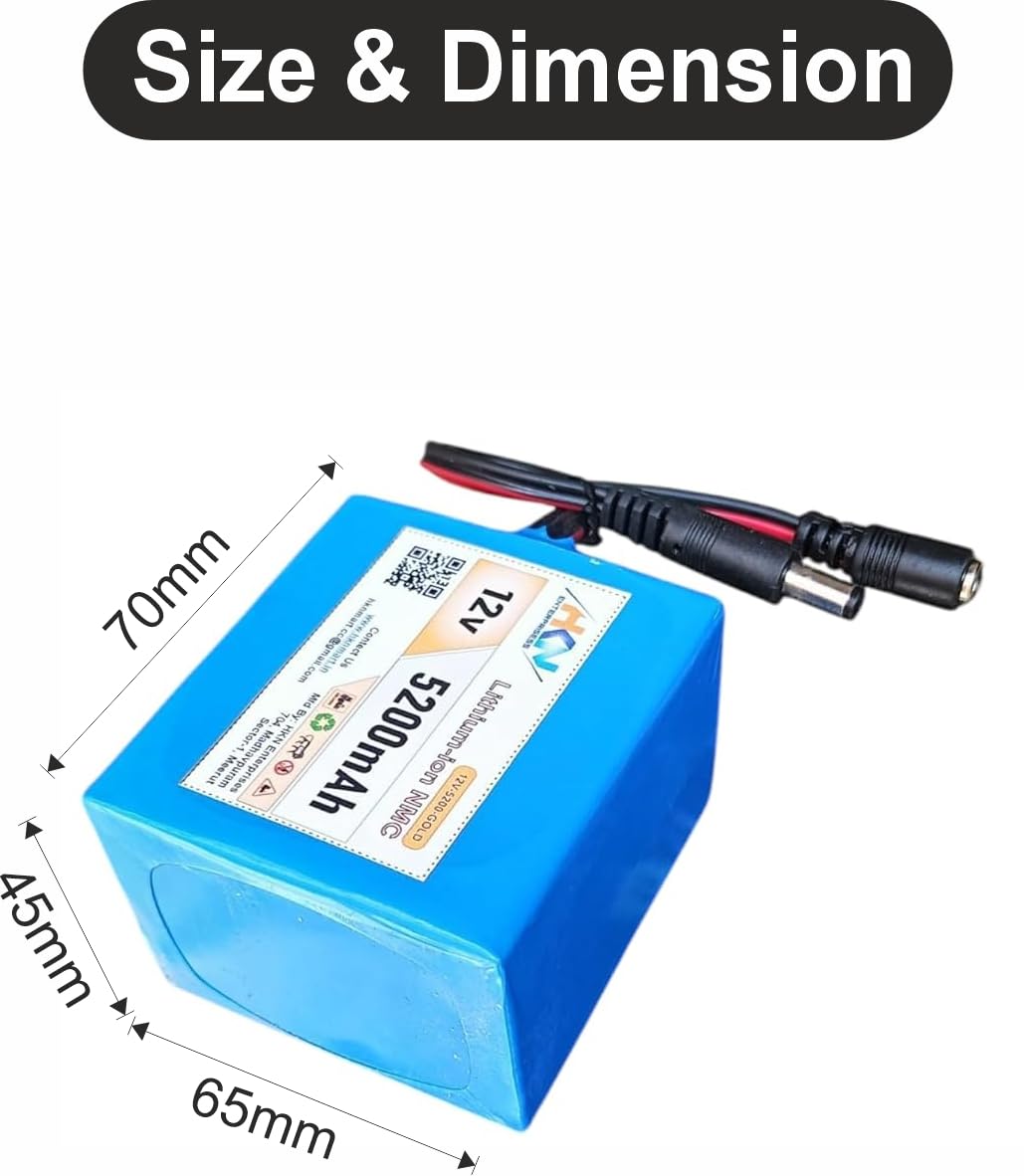 HKN 12V 5200mAh Rechargeable Lithium-ion Battery Pack with DC 5.5mm Male & Female Connector | Built-in BMS | use in Mini ups CCTV, LED Lights, Wi-Fi Router, DIY Projects