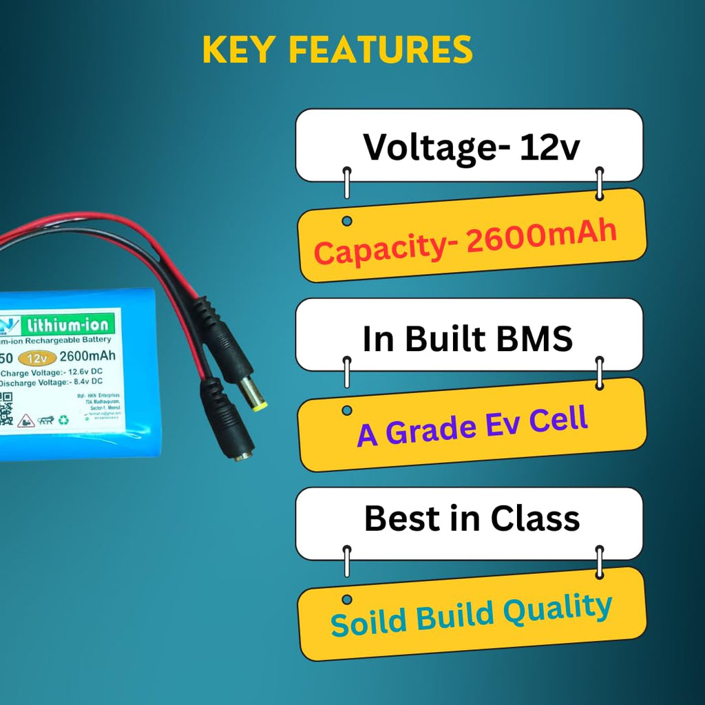 12V 2600mAh Rechargeable Lithium-ion Battery Pack with BMS | for LED Lights, DIY Projects, Robotics, CCTV & Solar Applications