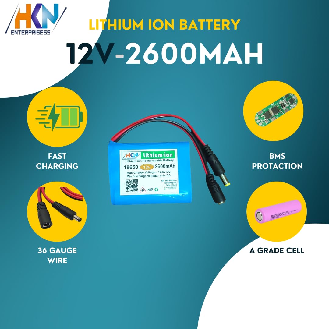 12V 2600mAh Rechargeable Lithium-ion Battery Pack with BMS | for LED Lights, DIY Projects, Robotics, CCTV & Solar Applications