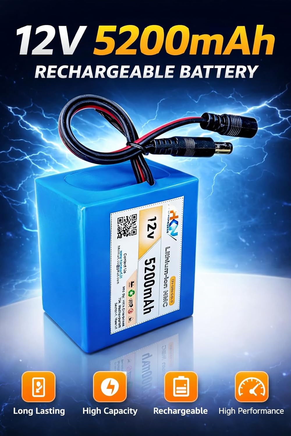 HKN 12V 5200mAh Rechargeable Lithium-ion Battery Pack with DC 5.5mm Male & Female Connector | Built-in BMS | use in Mini ups CCTV, LED Lights, Wi-Fi Router, DIY Projects