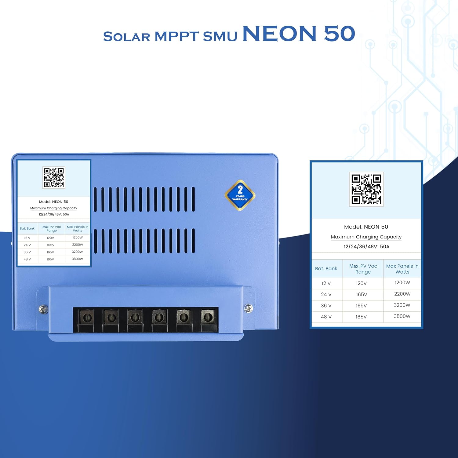 ASHAPOWER NEON 50 Solar MPPT Charge Controller SMU (12/24/36/48V - 50A : Max.Voc 165V ; Max.Watts 3800W)