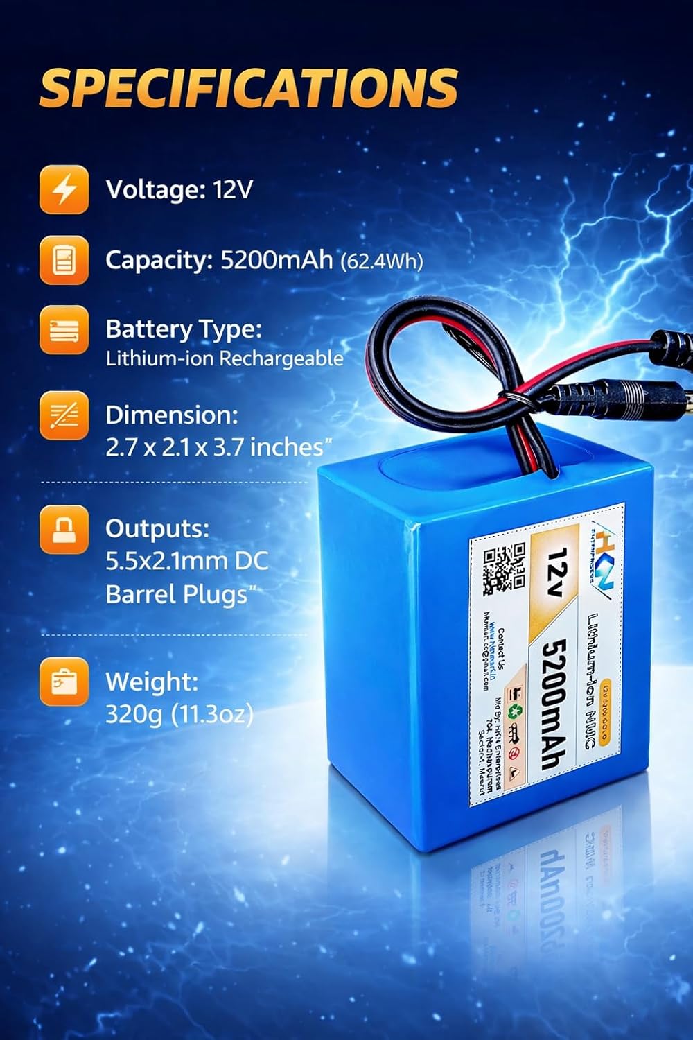 HKN 12V 5200mAh Rechargeable Lithium-ion Battery Pack with DC 5.5mm Male & Female Connector | Built-in BMS | use in Mini ups CCTV, LED Lights, Wi-Fi Router, DIY Projects