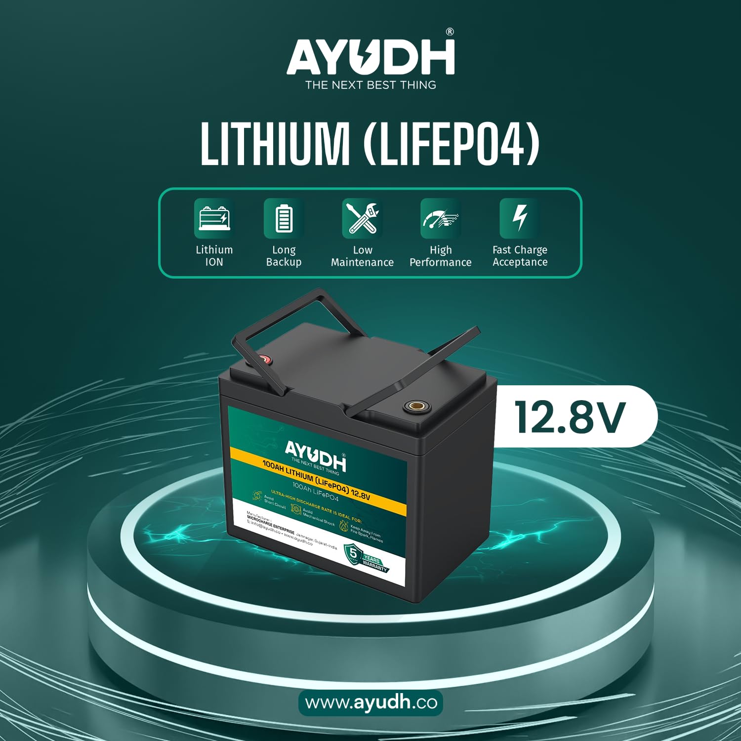 AYUDH 12 Volt 100AH Lithium Ferro Phosphate (LiFePO4) Inverter Battery, Solar Compatible, 5 Years Warranty, smart bluetooth connectivity