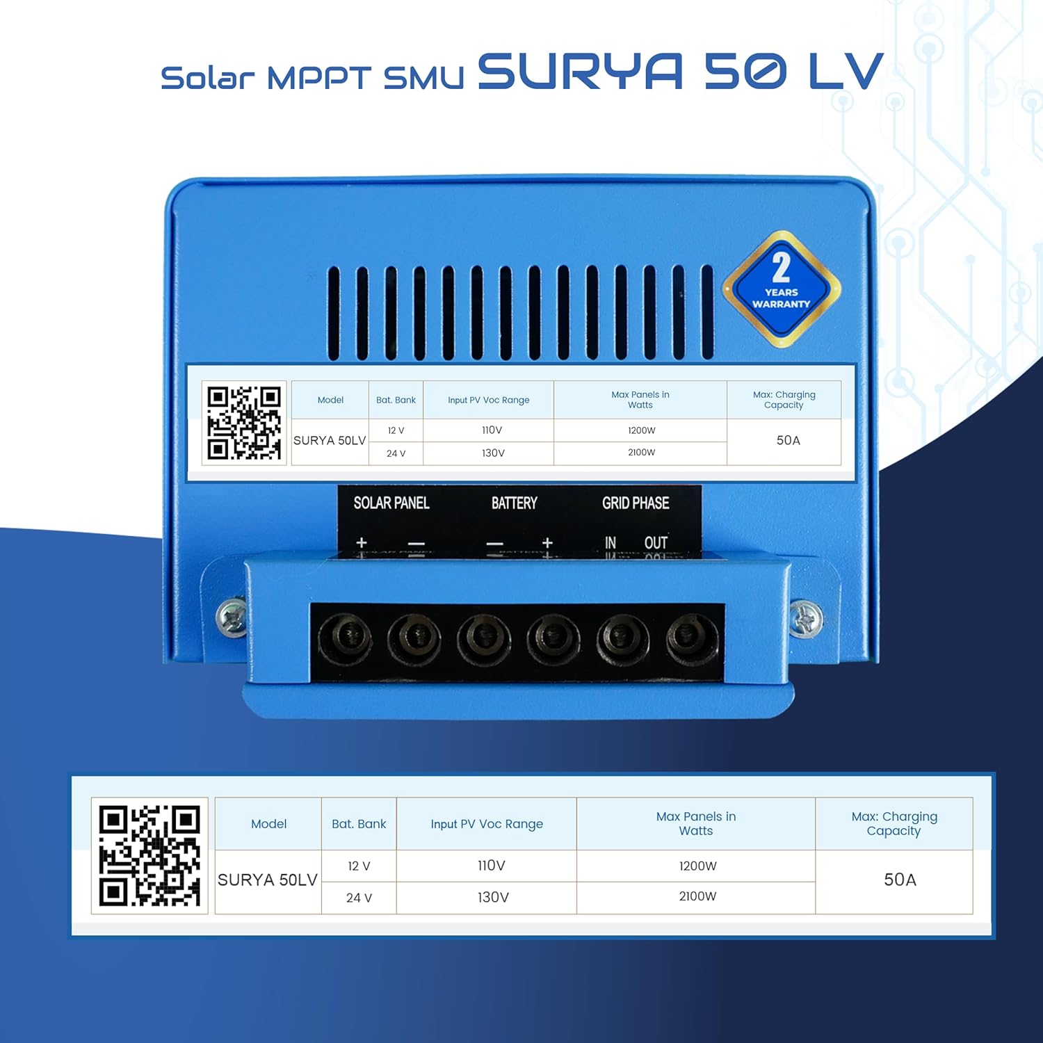 ASHAPOWER Surya 50 (LV) Solar MPPT Charge Controller with SMU | 12V/24V, 50A : Max. Voc 130V, Max. Wattage 2100W | High-Efficiency Solar Power Management.