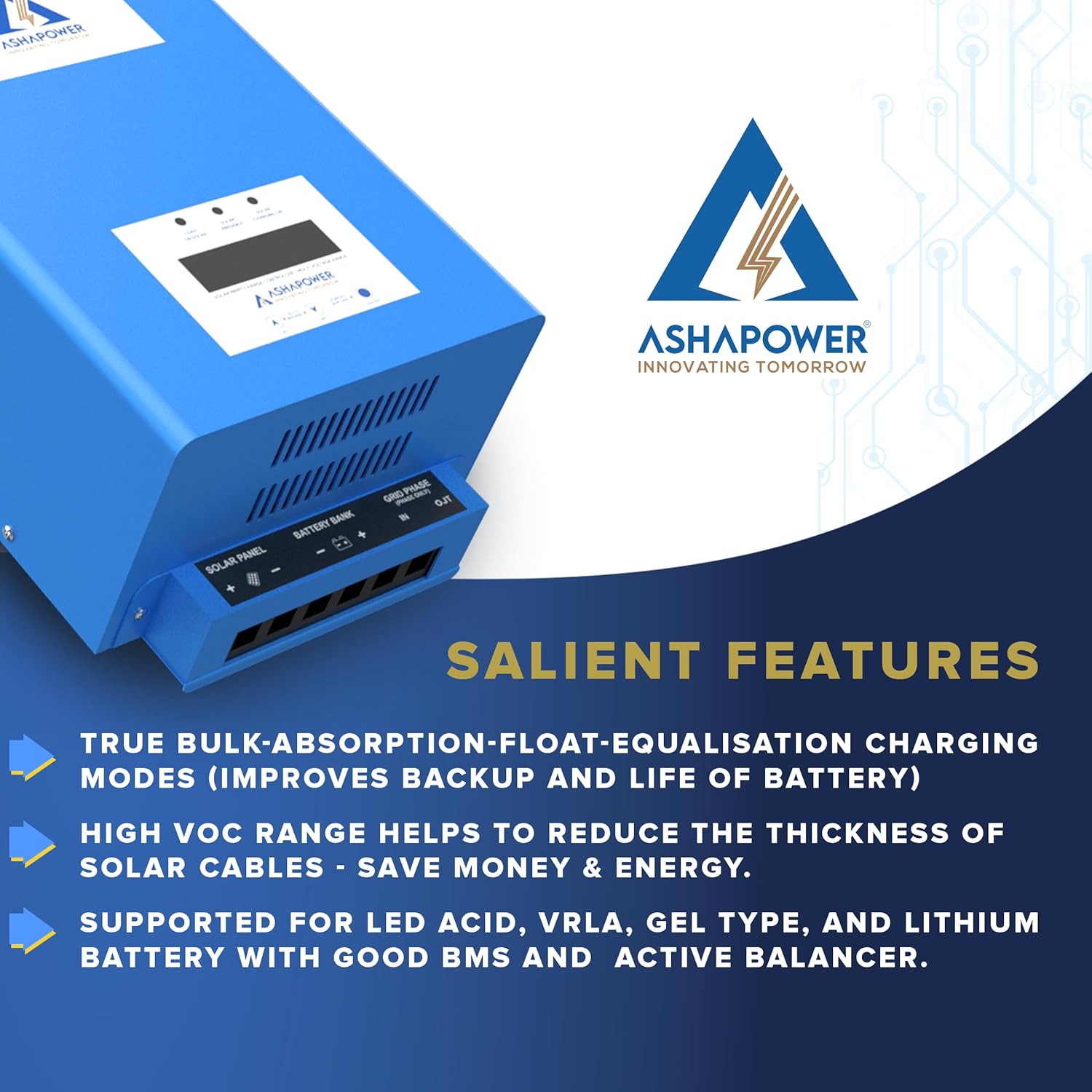ASHAPOWER NEON 50 Solar MPPT Charge Controller SMU (12/24/36/48V - 50A : Max.Voc 165V ; Max.Watts 3800W)