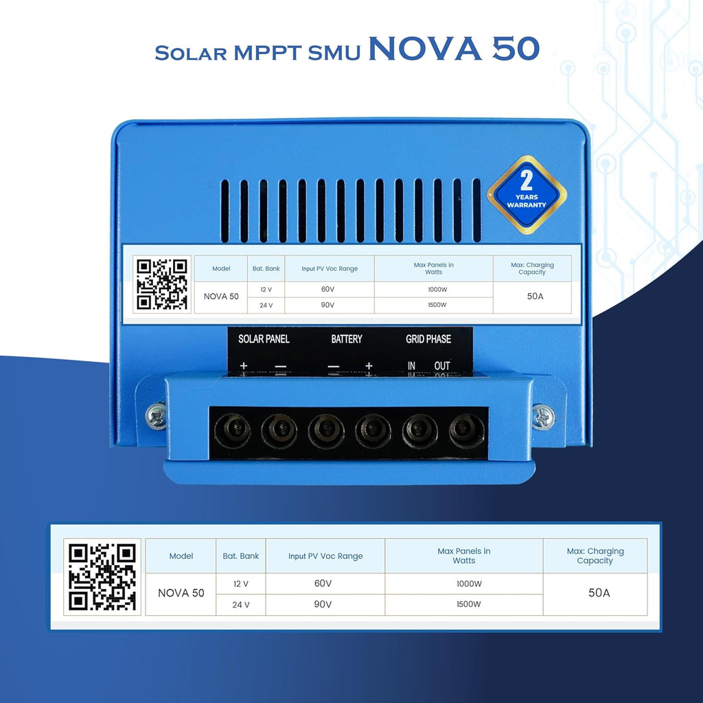 ASHAPOWER NOVA50 Solar MPPT Charge Controller SMU (12V/24V : 50Amps : Max.Voc - 90V, Max Watts - 1500W).