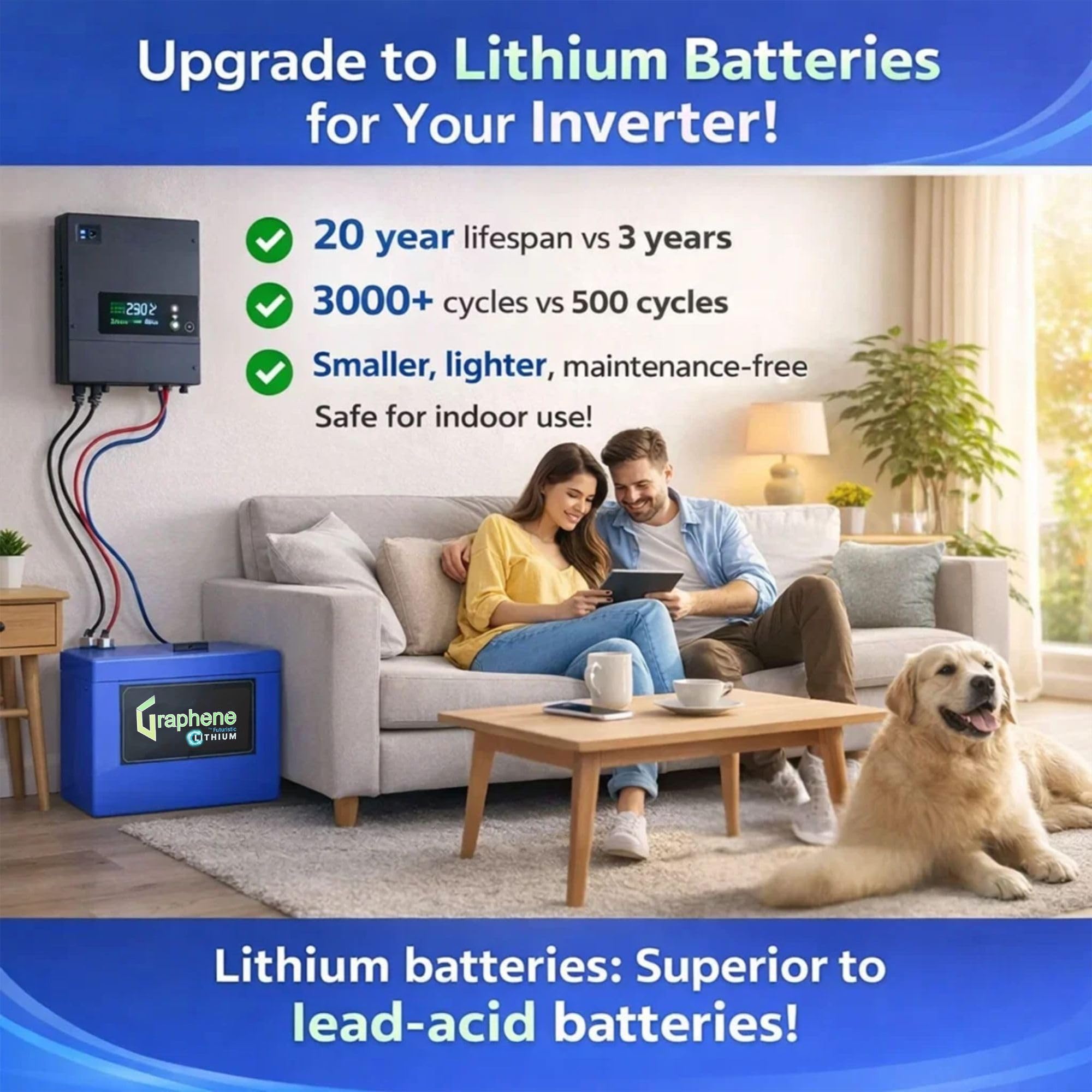 GRAPHENE Smart 12 Volt 100AH Lithium(LFP) Inverter Battery Solar Compatible Backup 180Ah+ Lead-Acid Long Life Upto 30 Years(4000+ Cycles) Works with Any Normal Inverter, 5+2 Years Warranty