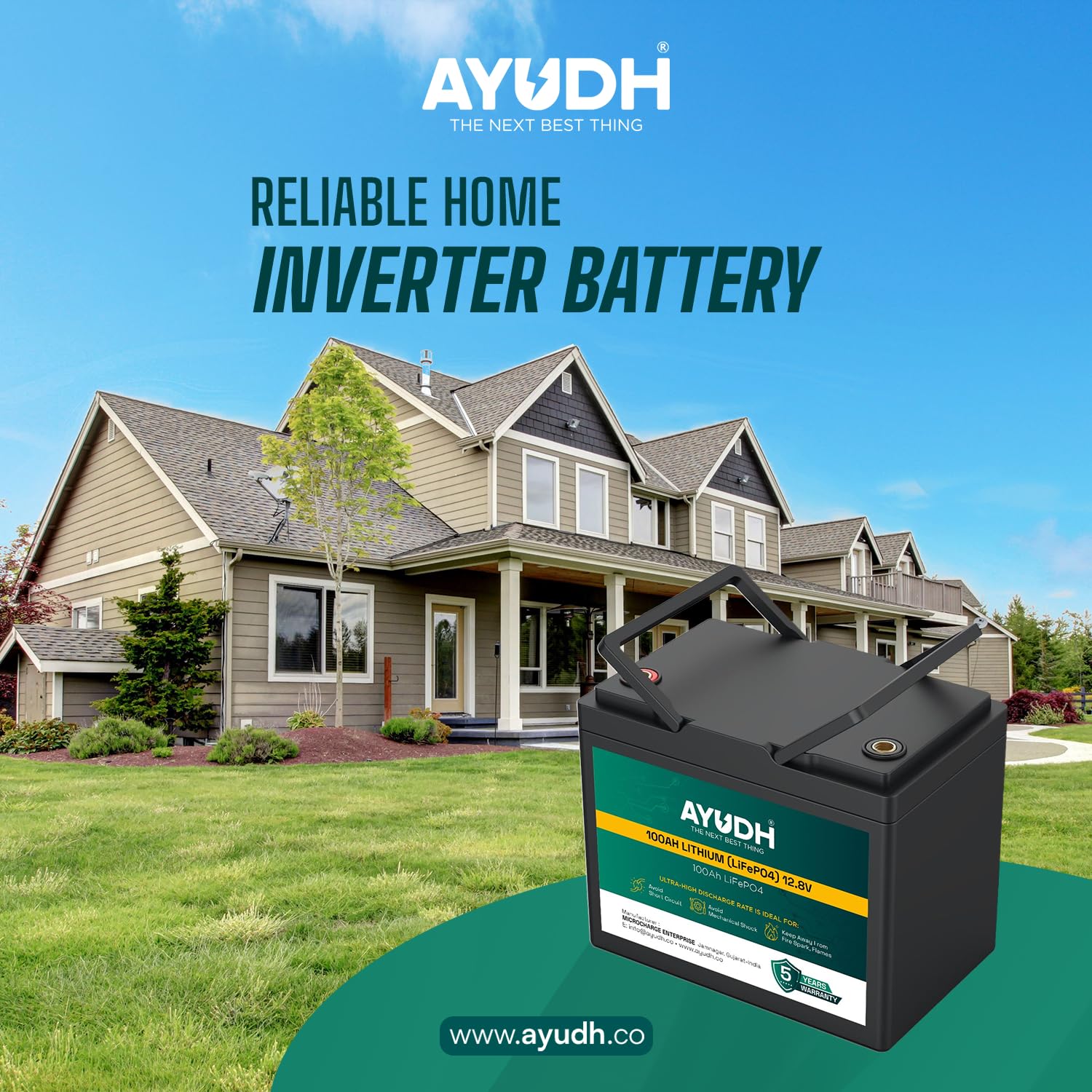 AYUDH 12 Volt 100AH Lithium Ferro Phosphate (LiFePO4) Inverter Battery, Solar Compatible, 5 Years Warranty, smart bluetooth connectivity